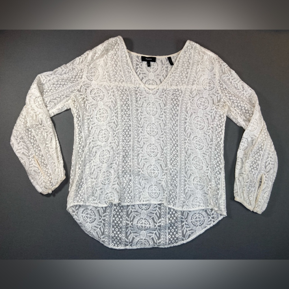 Theory White Lace Peasant Blouse 3/4 sleeve size‎ Small
